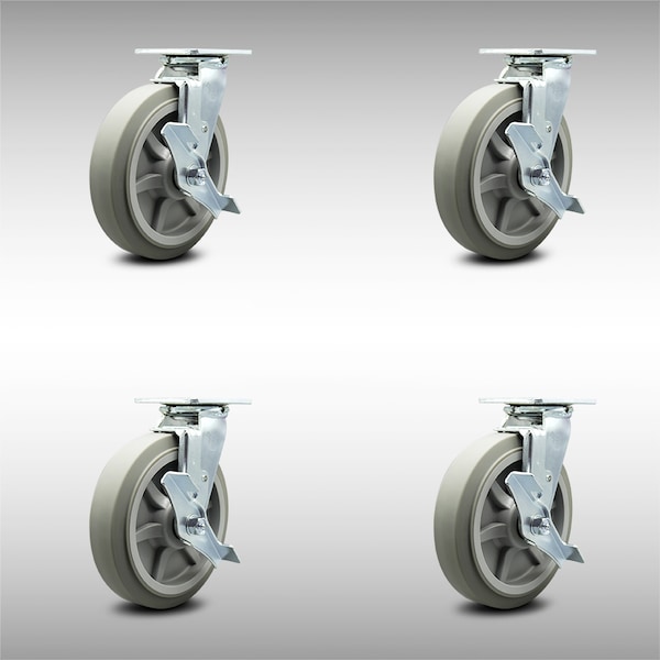 8 Inch SS Thermoplastic Rubber Swivel Caster Set with Ball Bearings and Brakes